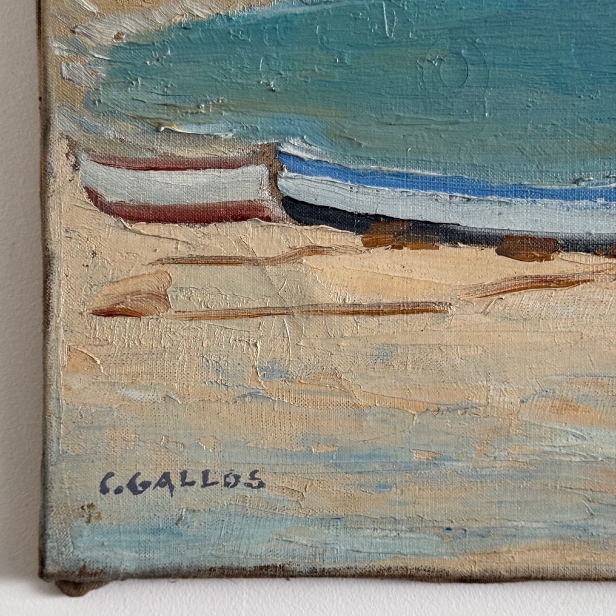 Huile sur toile bord de mer barques sur une plage par C. Gallos XXe-photo-2