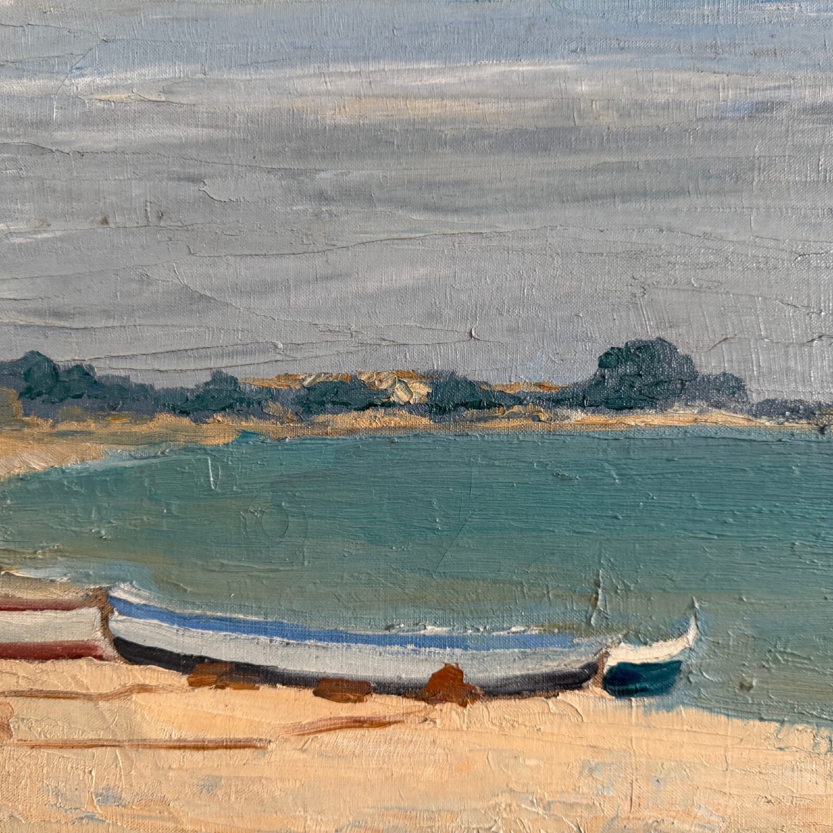 Huile sur toile bord de mer barques sur une plage par C. Gallos XXe-photo-3