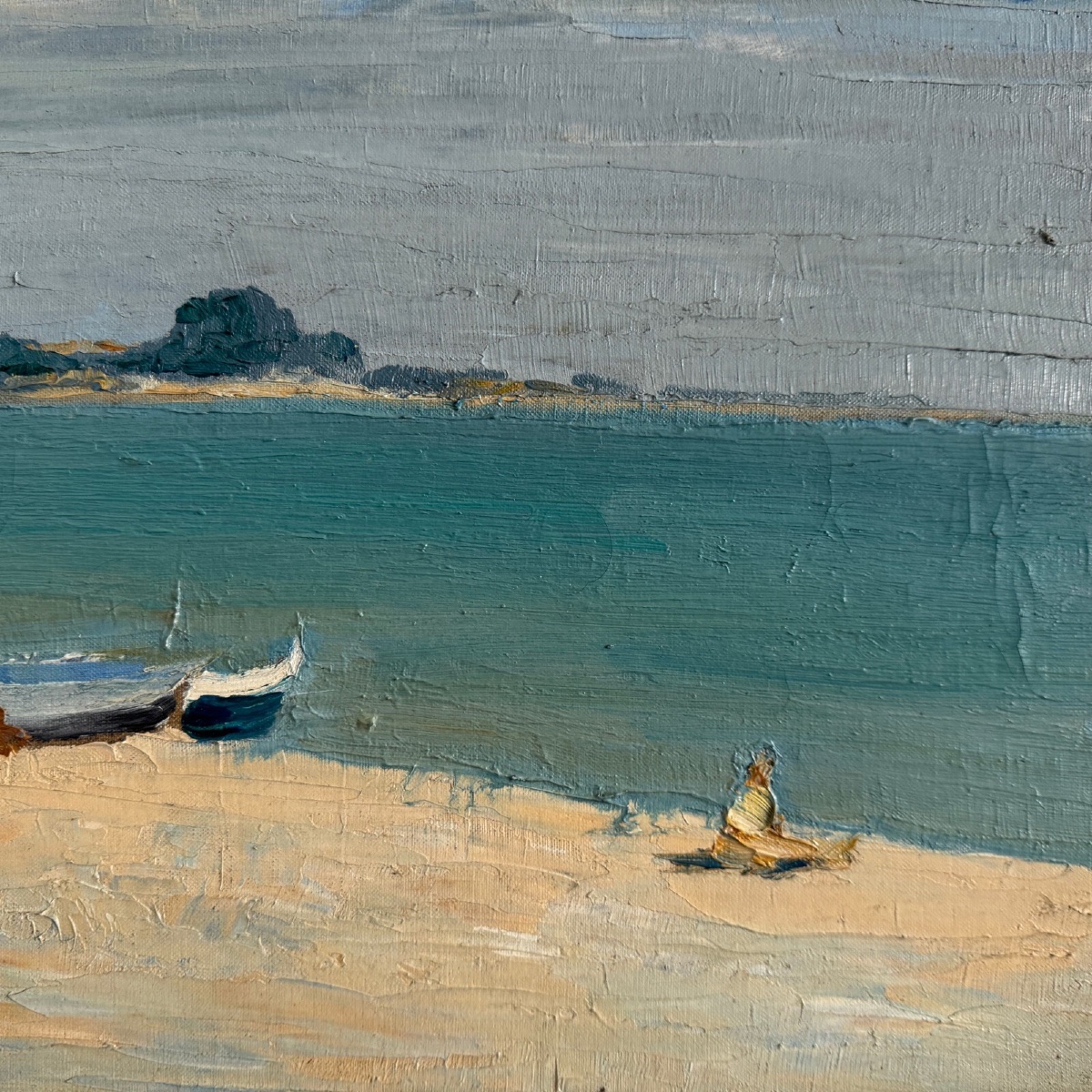 Huile sur toile bord de mer barques sur une plage par C. Gallos XXe-photo-4