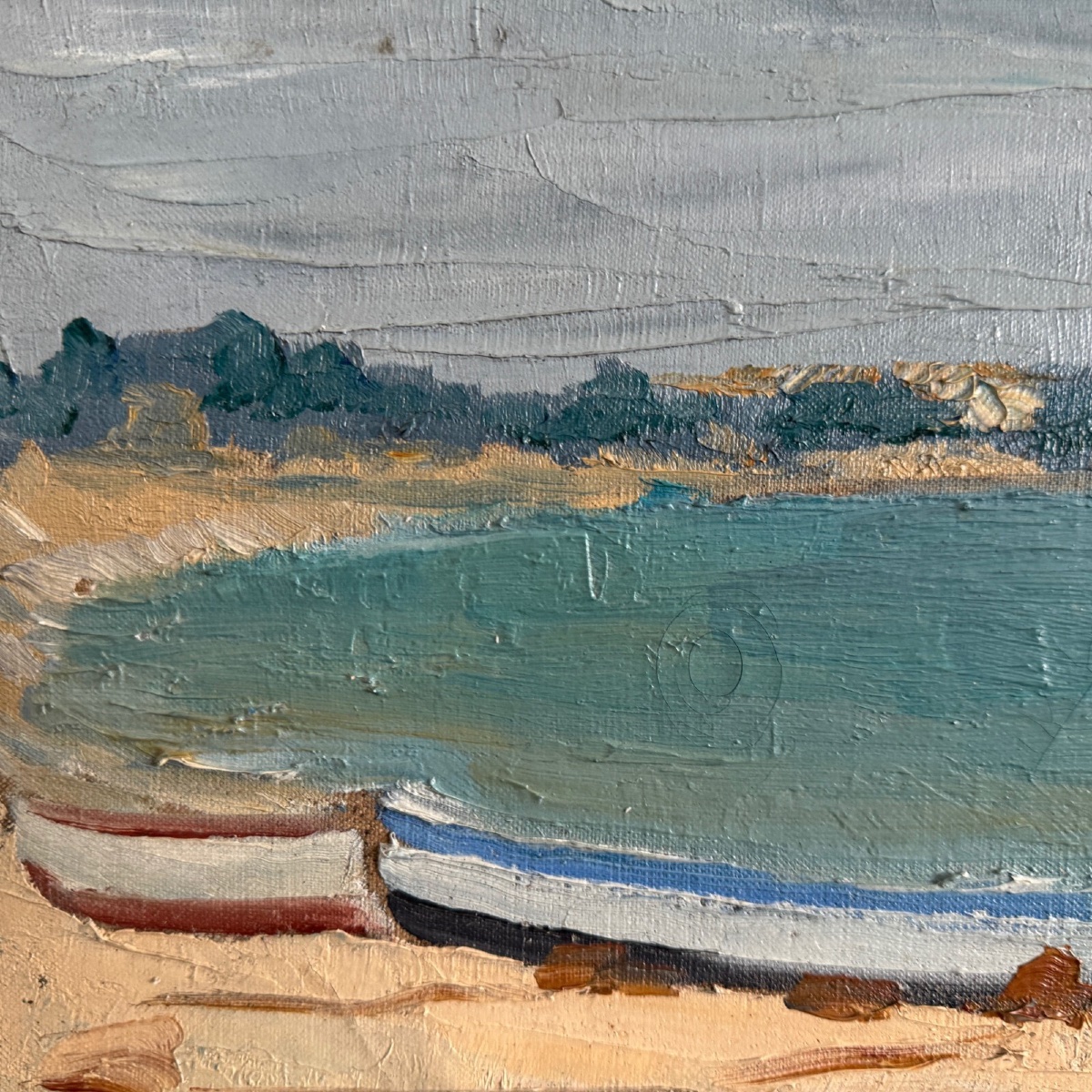 Huile sur toile bord de mer barques sur une plage par C. Gallos XXe-photo-2