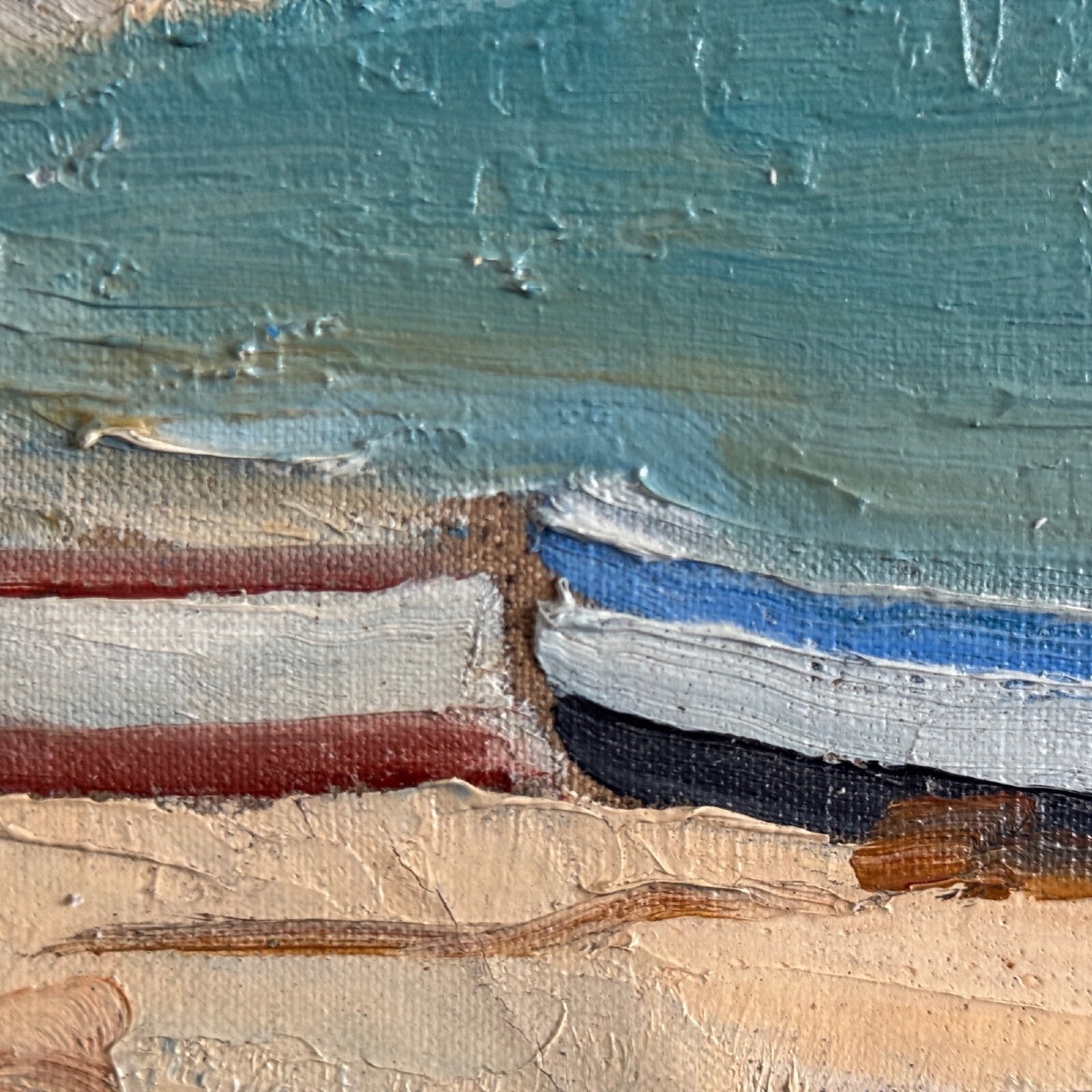 Huile sur toile bord de mer barques sur une plage par C. Gallos XXe-photo-4