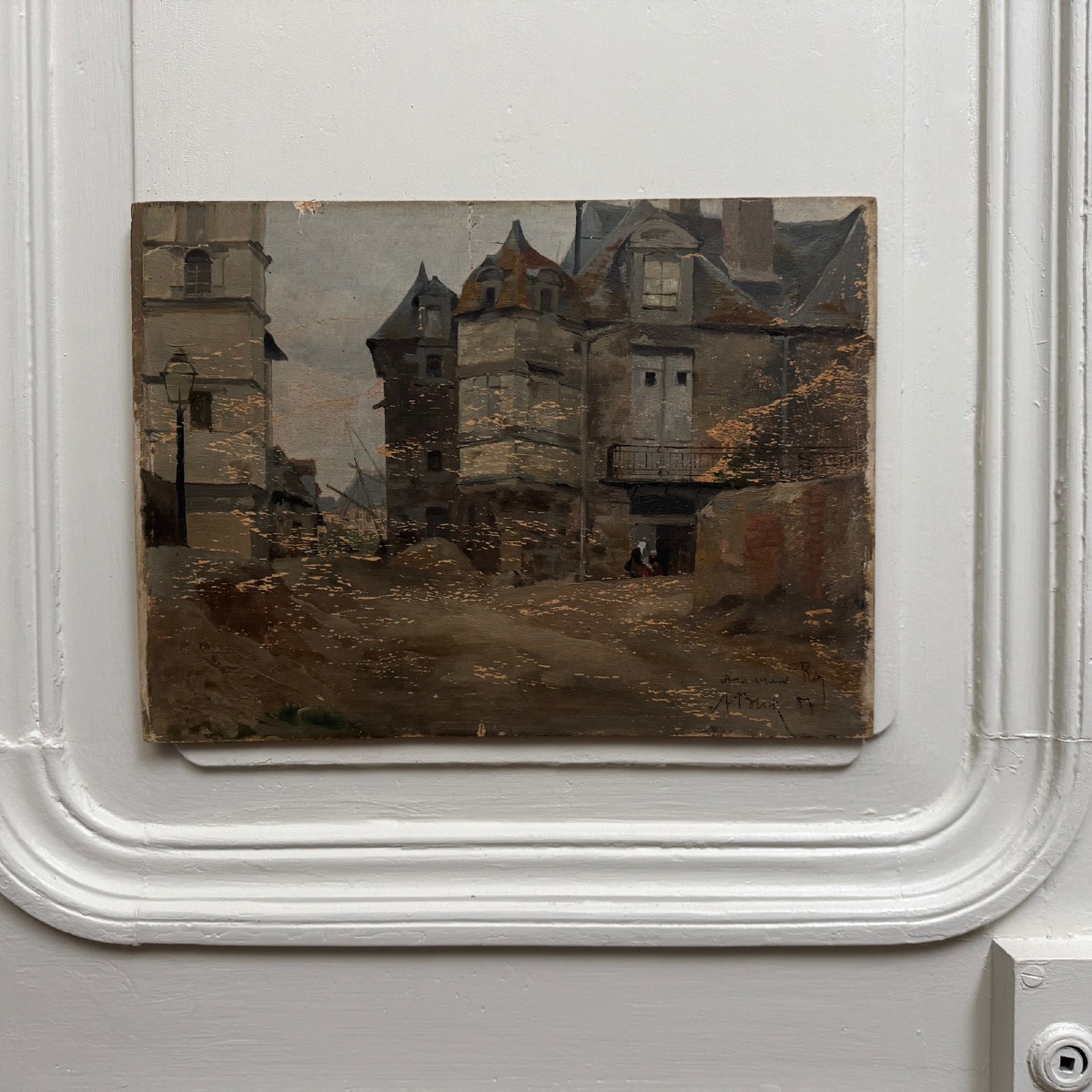 Huile sur panneau scène de rue par Roy 1856-photo-3