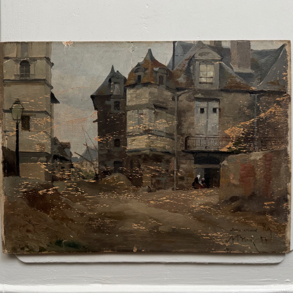 Huile sur panneau scène de rue par Roy 1856