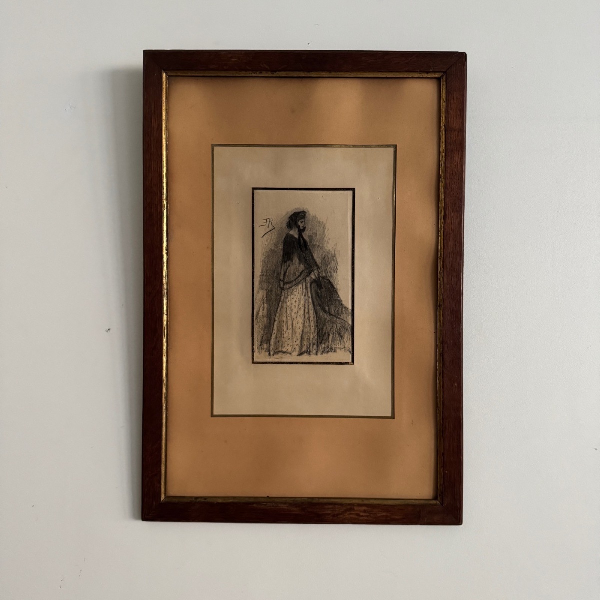 Charcoal Drawing Of A Woman Wearing A Costume With The Monogram Fr, Early 20th Century-photo-2