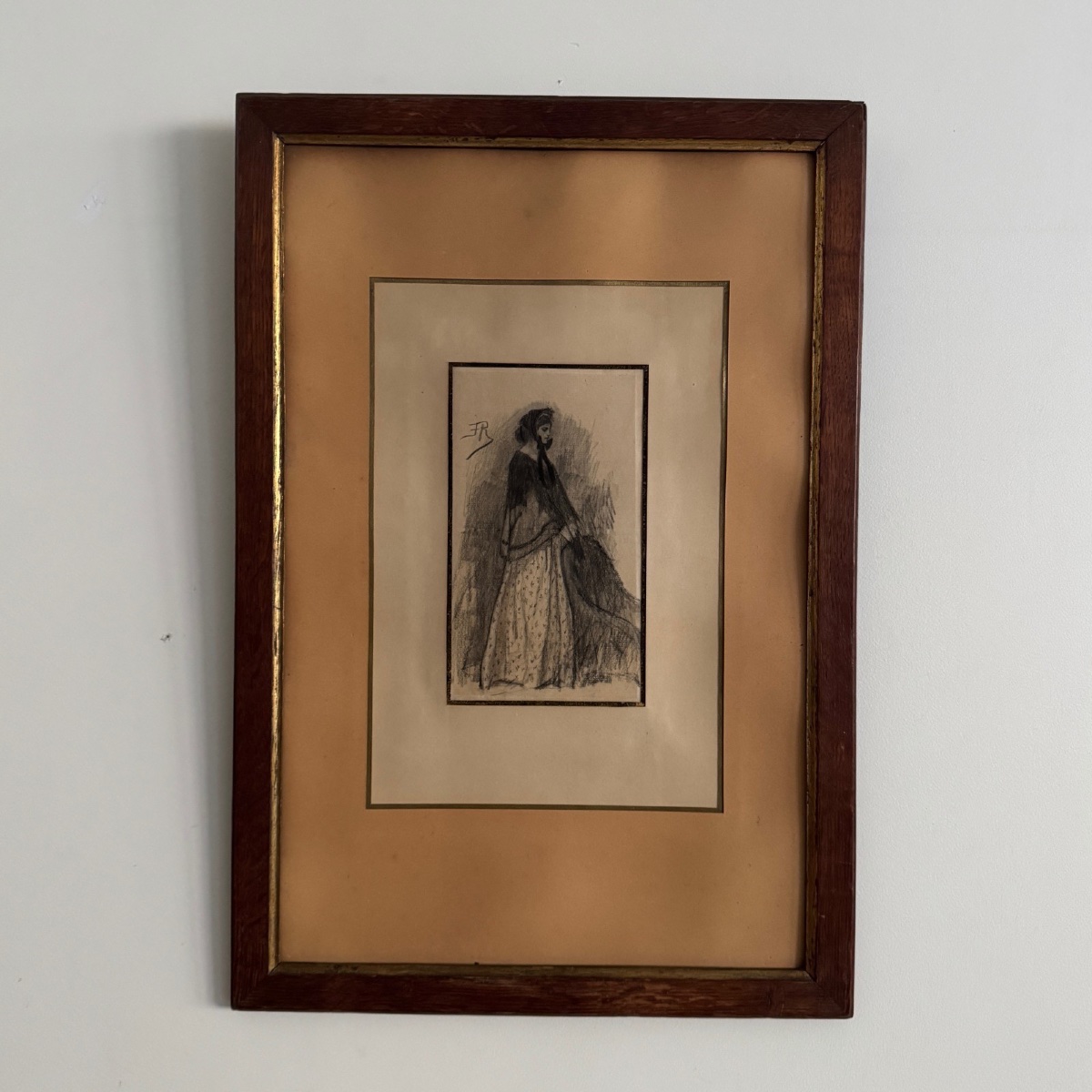 Charcoal Drawing Of A Woman Wearing A Costume With The Monogram Fr, Early 20th Century-photo-3