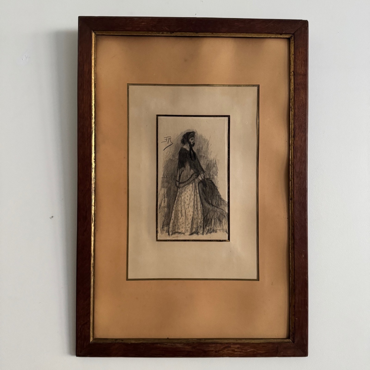 Charcoal Drawing Of A Woman Wearing A Costume With The Monogram Fr, Early 20th Century-photo-4