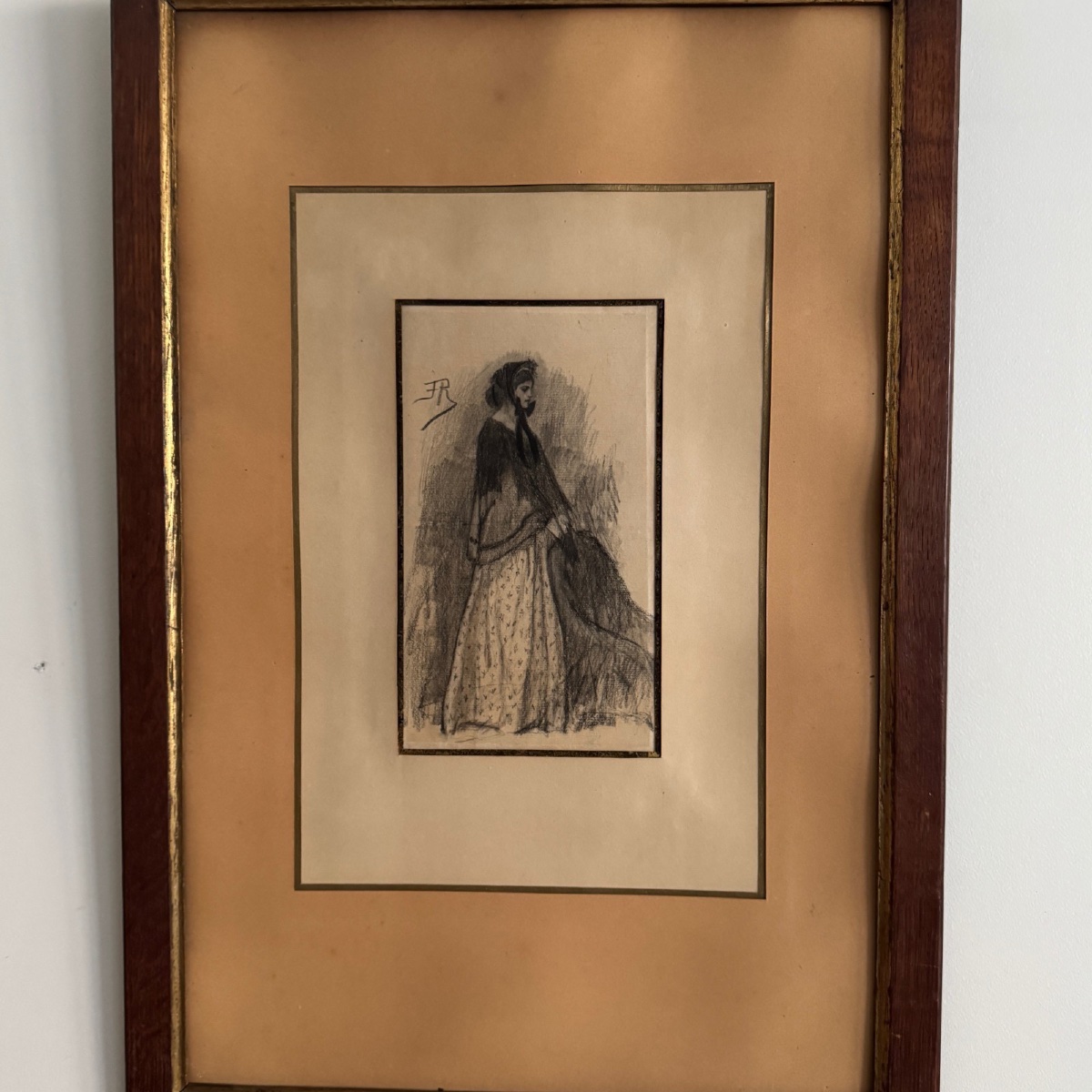 Charcoal Drawing Of A Woman Wearing A Costume With The Monogram Fr, Early 20th Century-photo-1