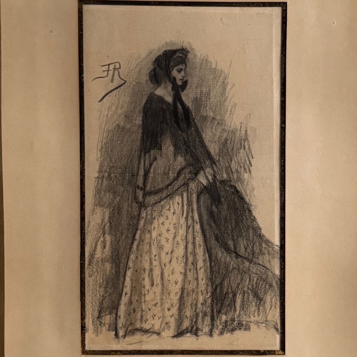 Charcoal Drawing Of A Woman Wearing A Costume With The Monogram Fr, Early 20th Century