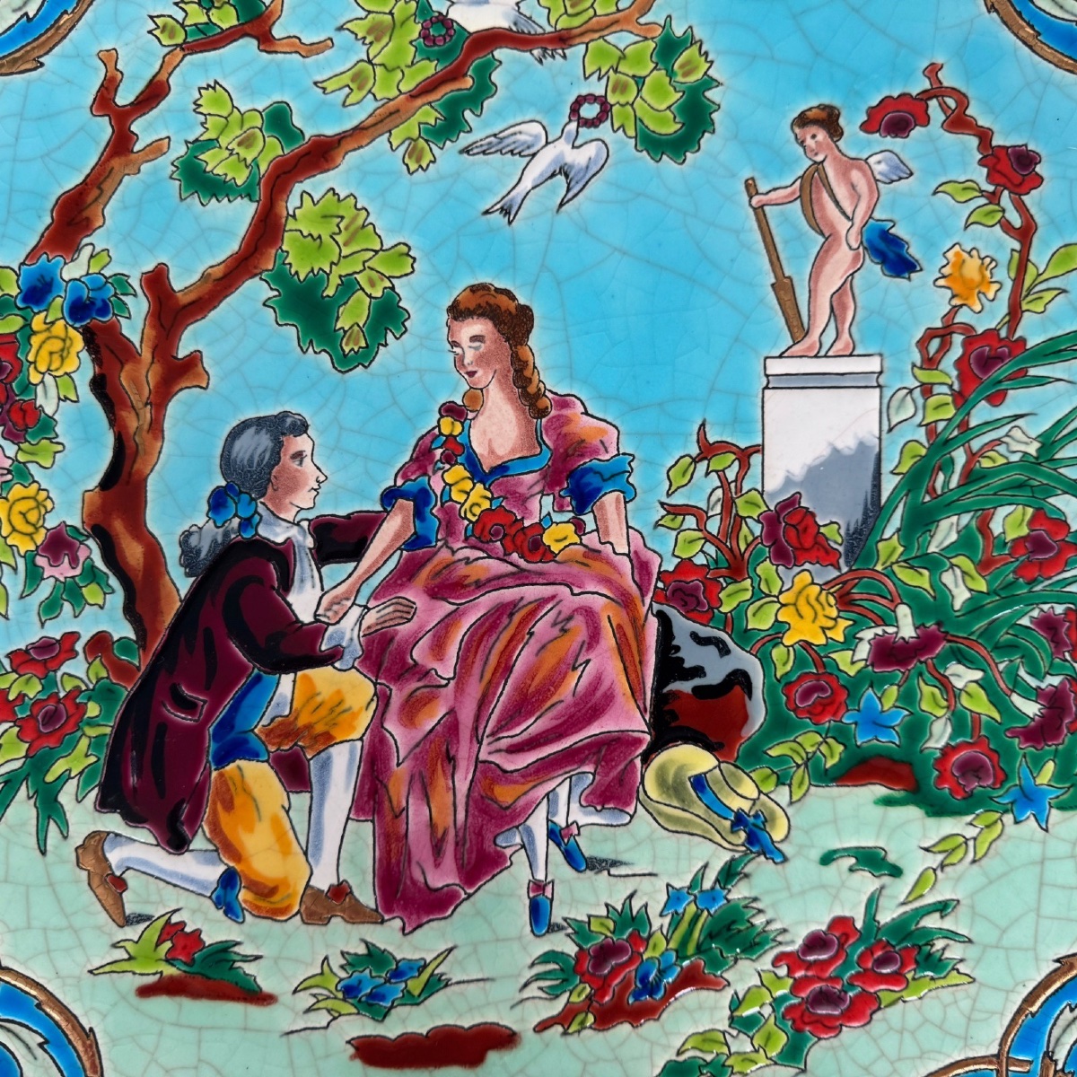 A Series Of Four Dishes Featuring Longwy Enamels Representing The Four Seasons, By Hélène Gabet, 20th Century-photo-2