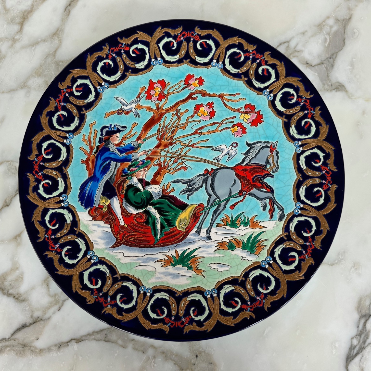 A Series Of Four Dishes Featuring Longwy Enamels Representing The Four Seasons, By Hélène Gabet, 20th Century-photo-7