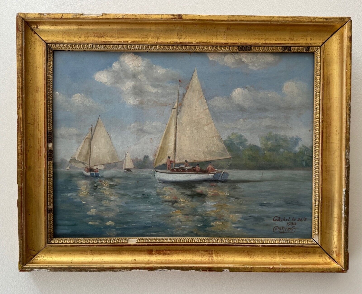 Aquarelle représentant une régate à Gâchet par Cormerais 1930