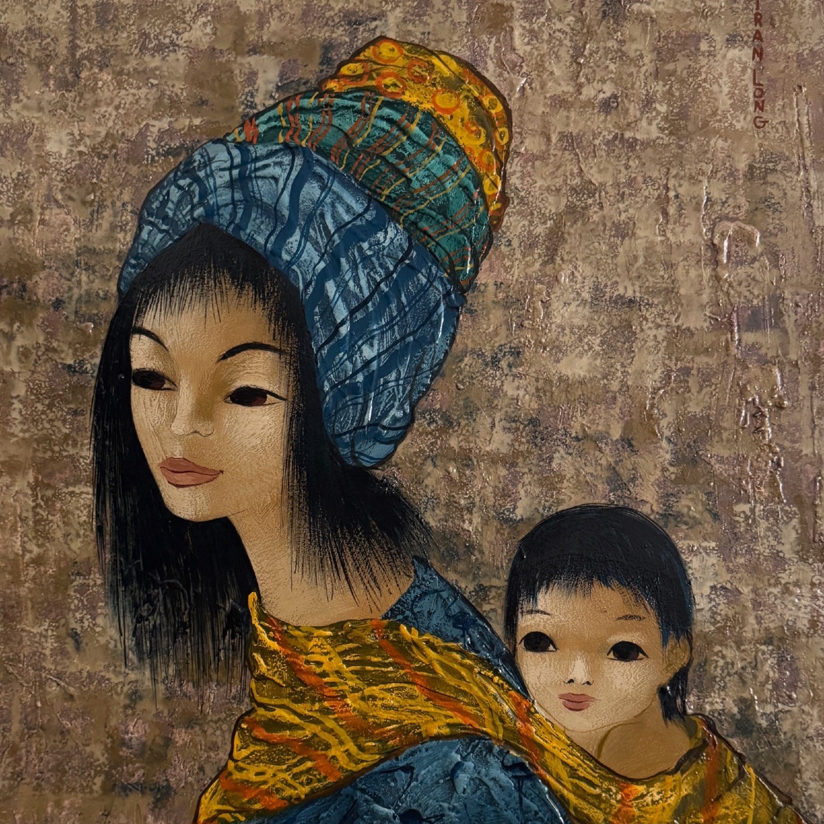 Acrylic On Cardboard By Tran Long, A Mother Carrying Her Child -photo-3