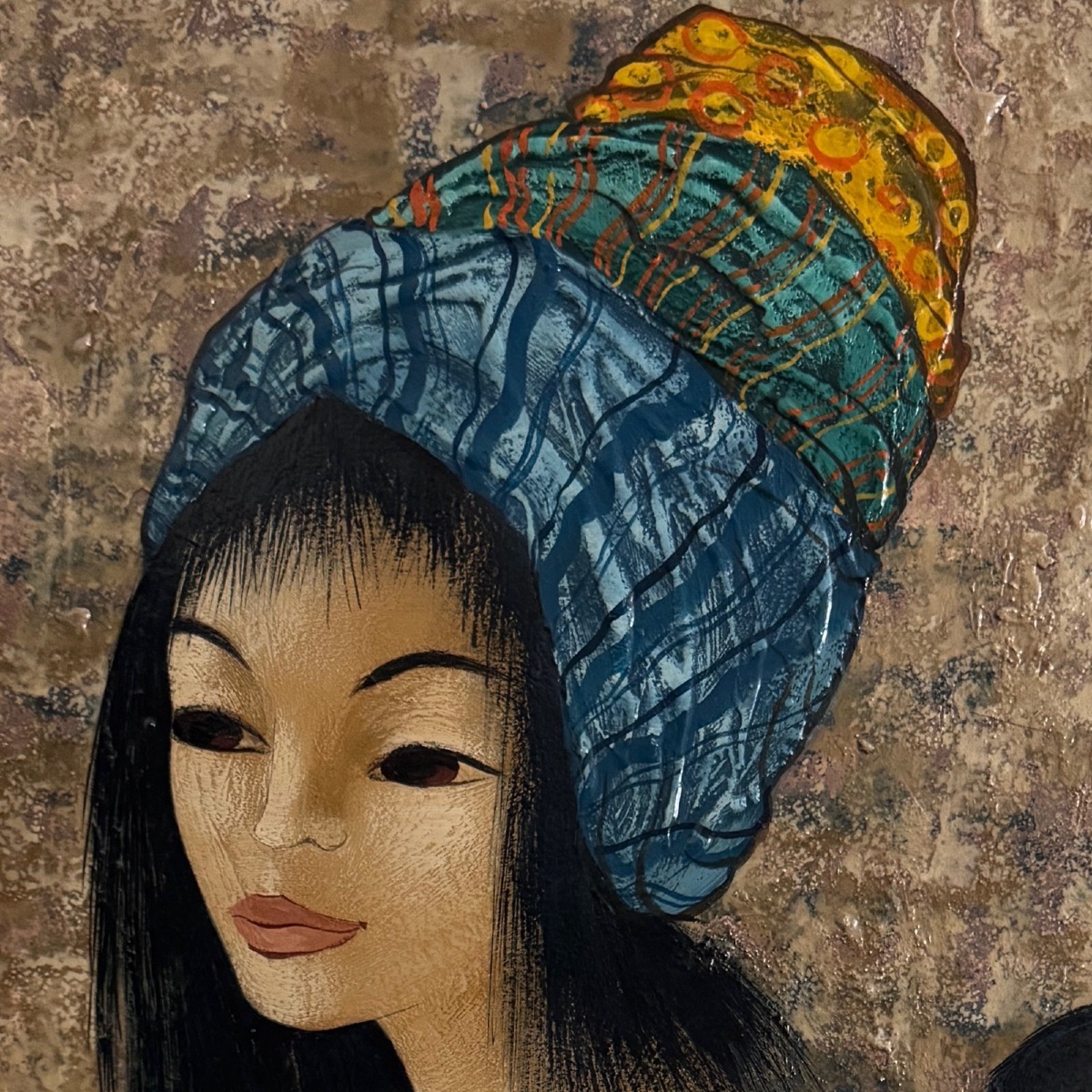 Acrylic On Cardboard By Tran Long, A Mother Carrying Her Child -photo-4