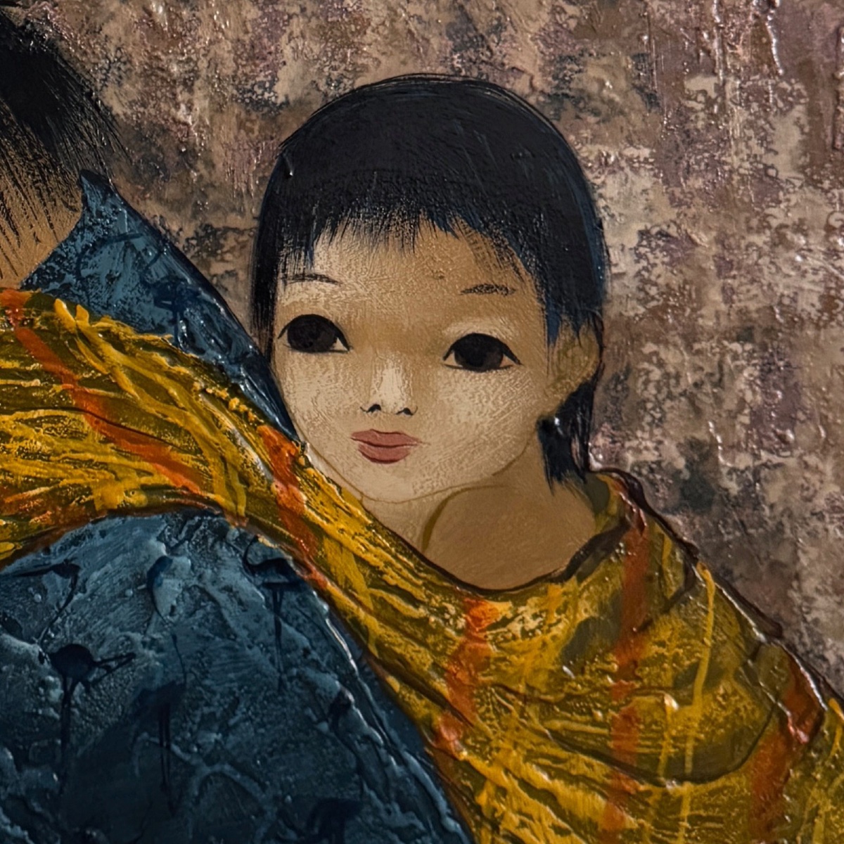 Acrylic On Cardboard By Tran Long, A Mother Carrying Her Child -photo-1