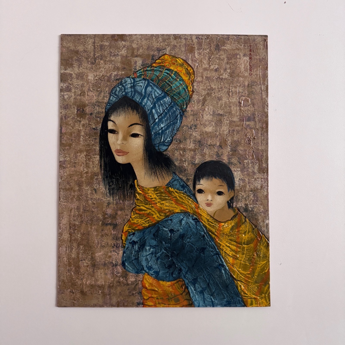 Acrylic On Cardboard By Tran Long, A Mother Carrying Her Child 