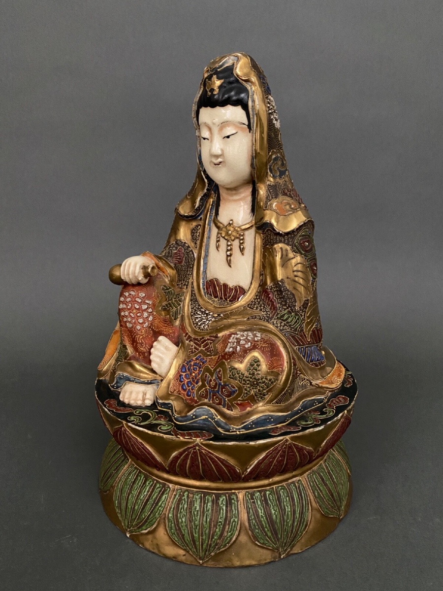 Satsuma Buddha, Japan, 20th Century, Gold Highlights, Signed In Red Ink 