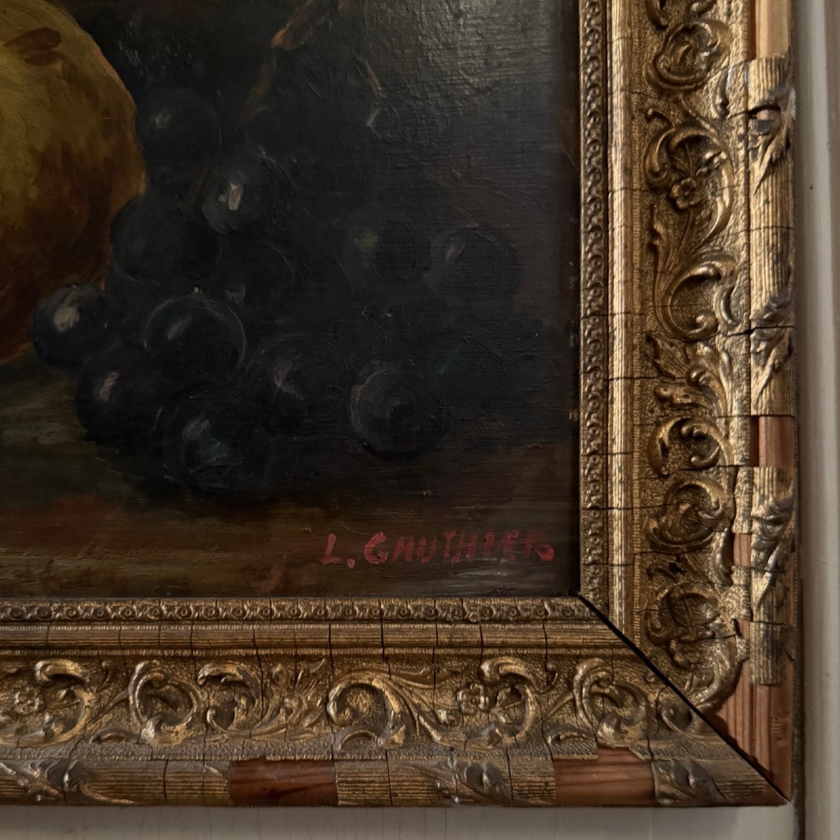 Paire de natures mortes huiles sur carton fruits XXe par L. Gauthier -photo-4