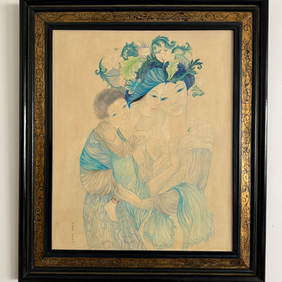 Peinture sur soie La Maternité 1970 par Tran-Long XXe -photo-2