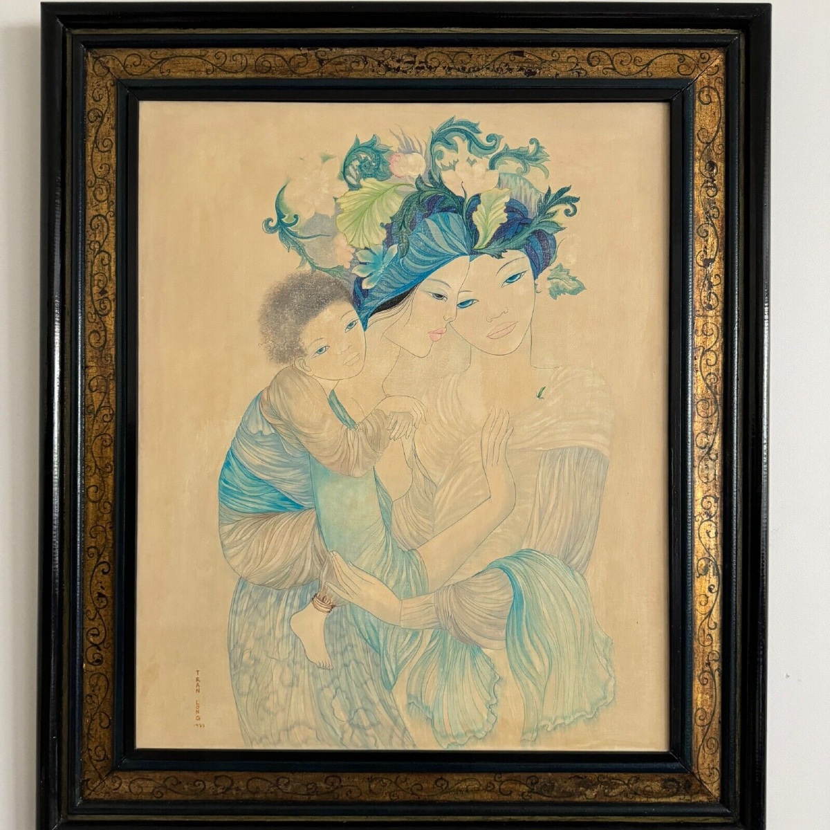 Peinture sur soie La Maternité 1970 par Tran-Long XXe -photo-3