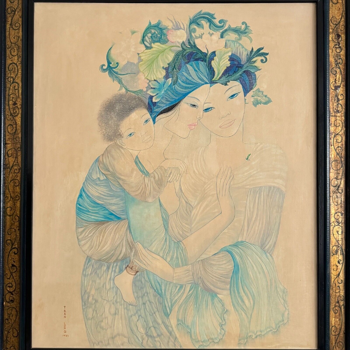 Peinture sur soie La Maternité 1970 par Tran-Long XXe -photo-4