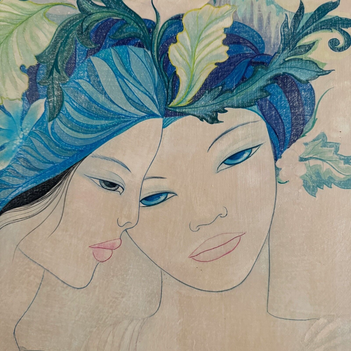 Peinture sur soie La Maternité 1970 par Tran-Long XXe -photo-3