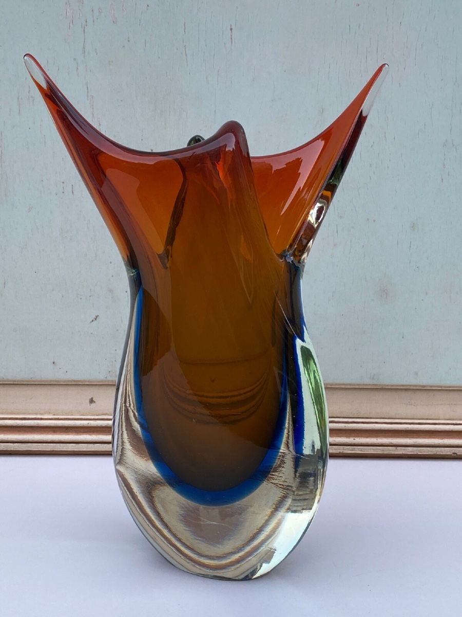 Vase Murano années 60 forme libre fond rouge et bleu 6 kilos -photo-2