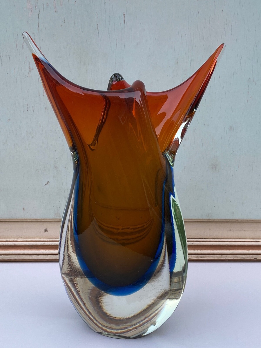 Vase Murano années 60 forme libre fond rouge et bleu 6 kilos -photo-8