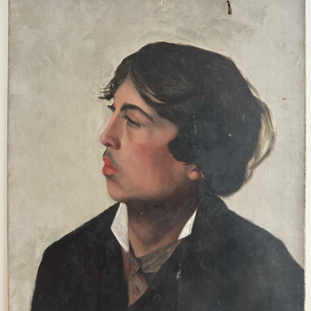 Huile sur toile portrait de jeune de qualité de profil fin XIXe-photo-2