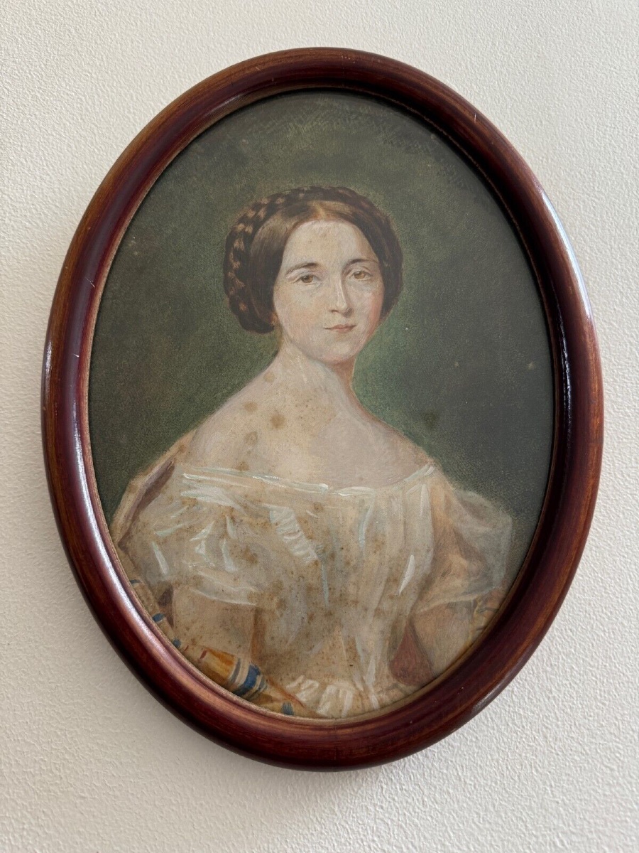 Watercolor On Paper, Early 20th Century Portrait Of An Early 19th-century Woman-photo-2