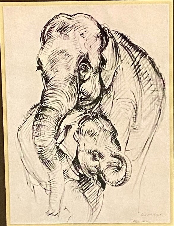 Dessin par Josef Woldemar Keller-Kühne éléphants XXe Le bébé-photo-2
