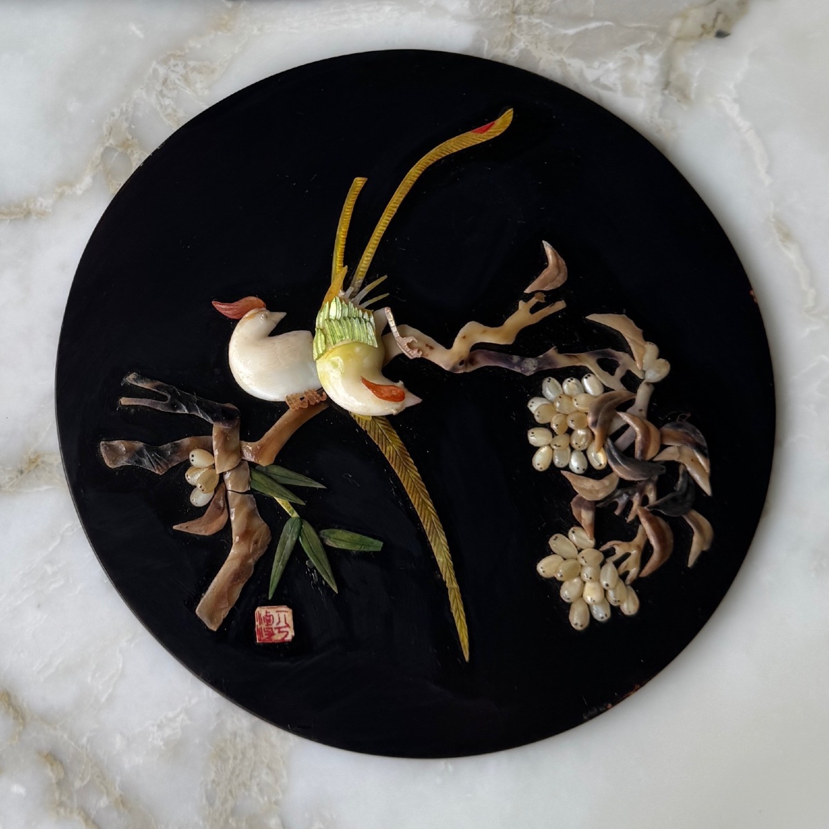 Disque en laque sur son présentoir Japon décor d'oiseaux -photo-2