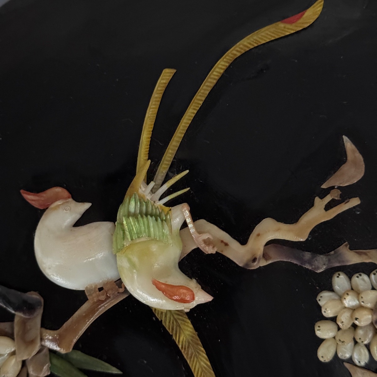 Disque en laque sur son présentoir Japon décor d'oiseaux -photo-3