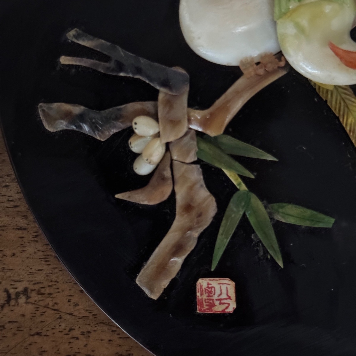 Disque en laque sur son présentoir Japon décor d'oiseaux -photo-4