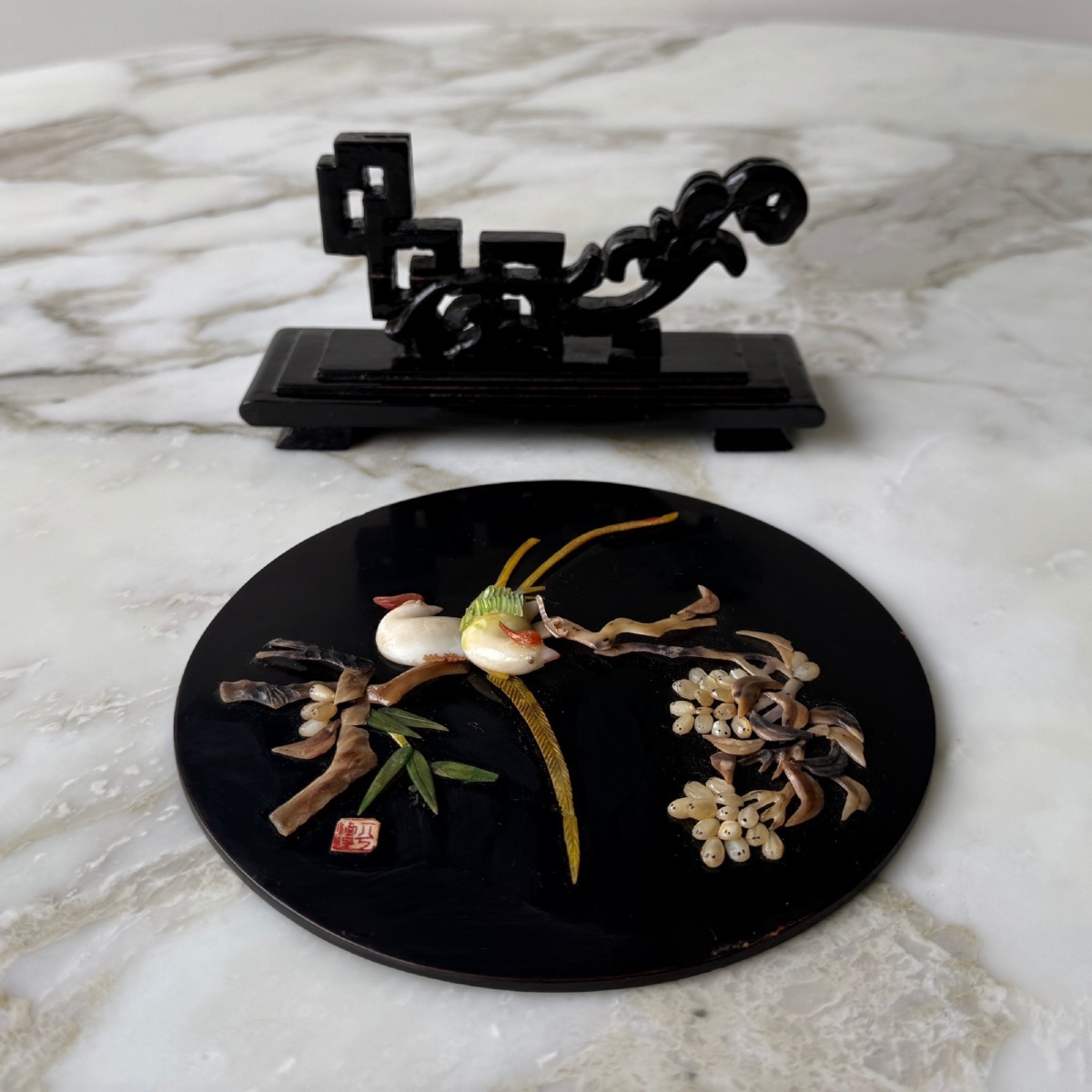 Disque en laque sur son présentoir Japon décor d'oiseaux -photo-8