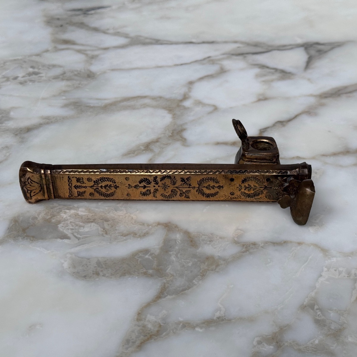 Encrier de voyage en bronze finement gravé XIXe Moyen-Orient-photo-4