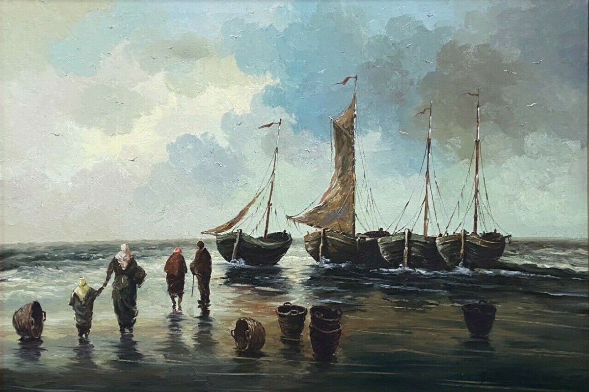 G. Bernaut, Oil On Canvas, Fishing Boats, Fishermen With Child, 1930-photo-2