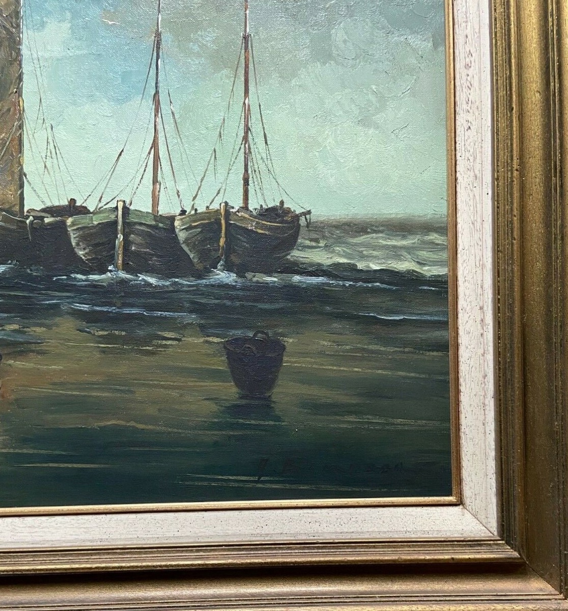 G. Bernaut, Oil On Canvas, Fishing Boats, Fishermen With Child, 1930-photo-5