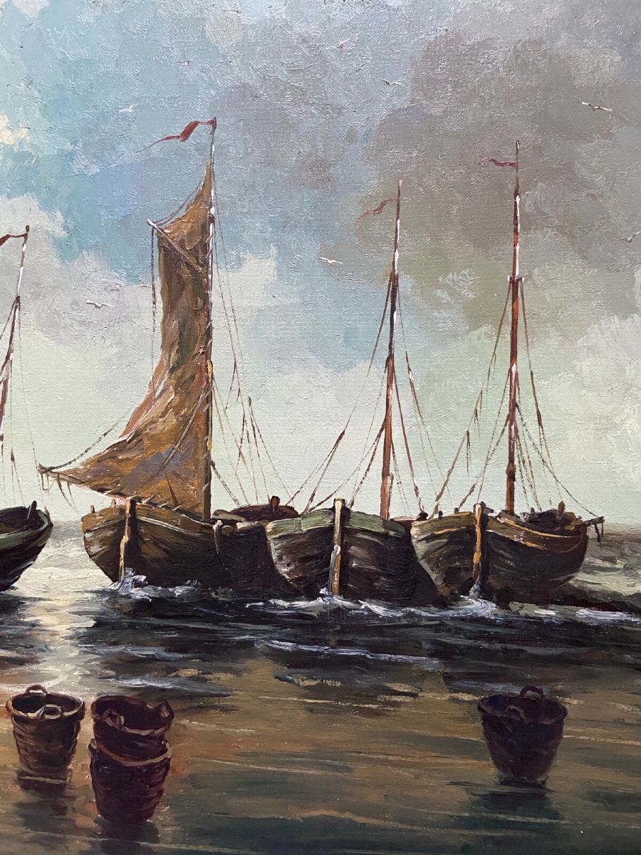 G. Bernaut, Oil On Canvas, Fishing Boats, Fishermen With Child, 1930-photo-6