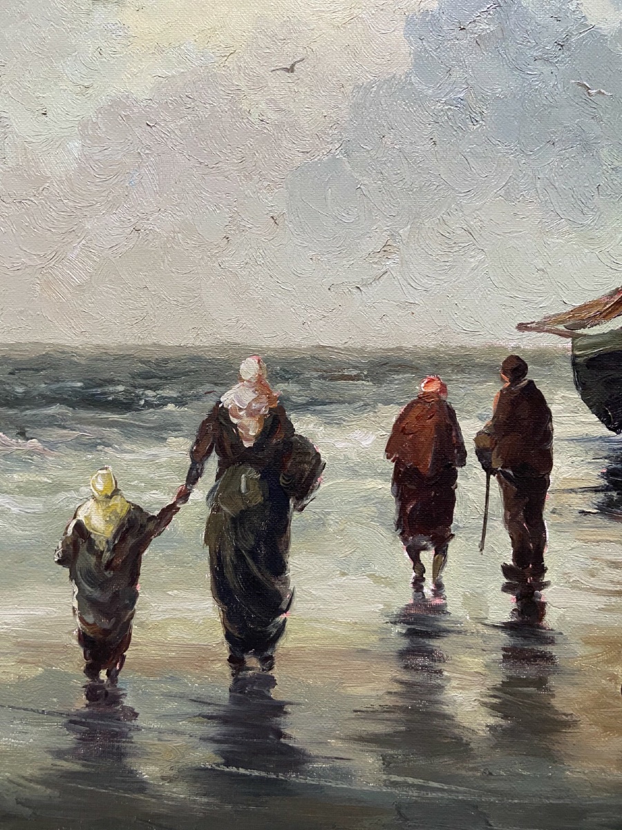 G. Bernaut, Oil On Canvas, Fishing Boats, Fishermen With Child, 1930-photo-7