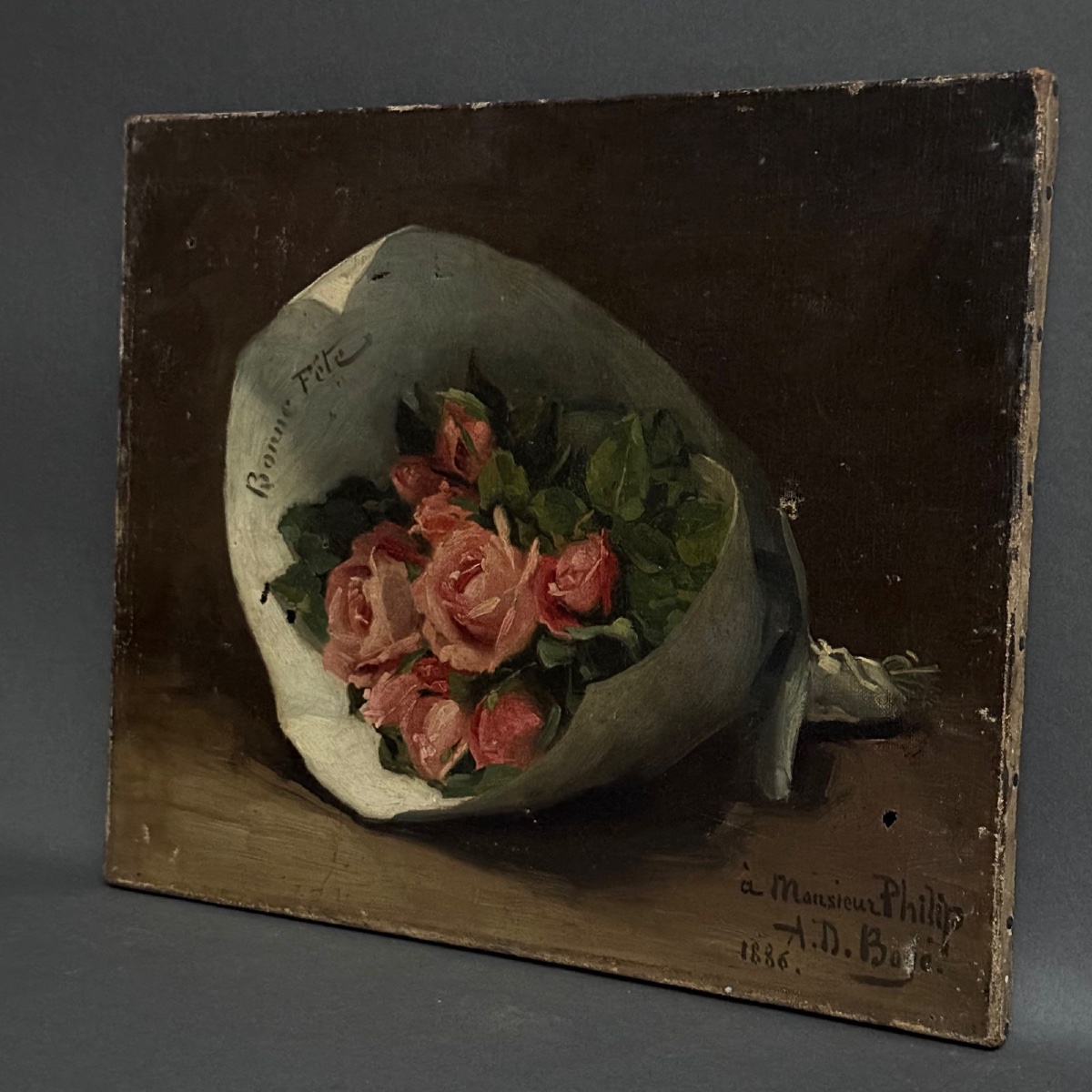 Oil On Canvas, Still Life With A Bouquet Of Roses, Happy Birthday, 1886-photo-5