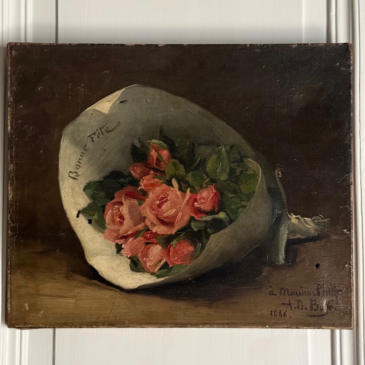 Oil On Canvas, Still Life With A Bouquet Of Roses, Happy Birthday, 1886