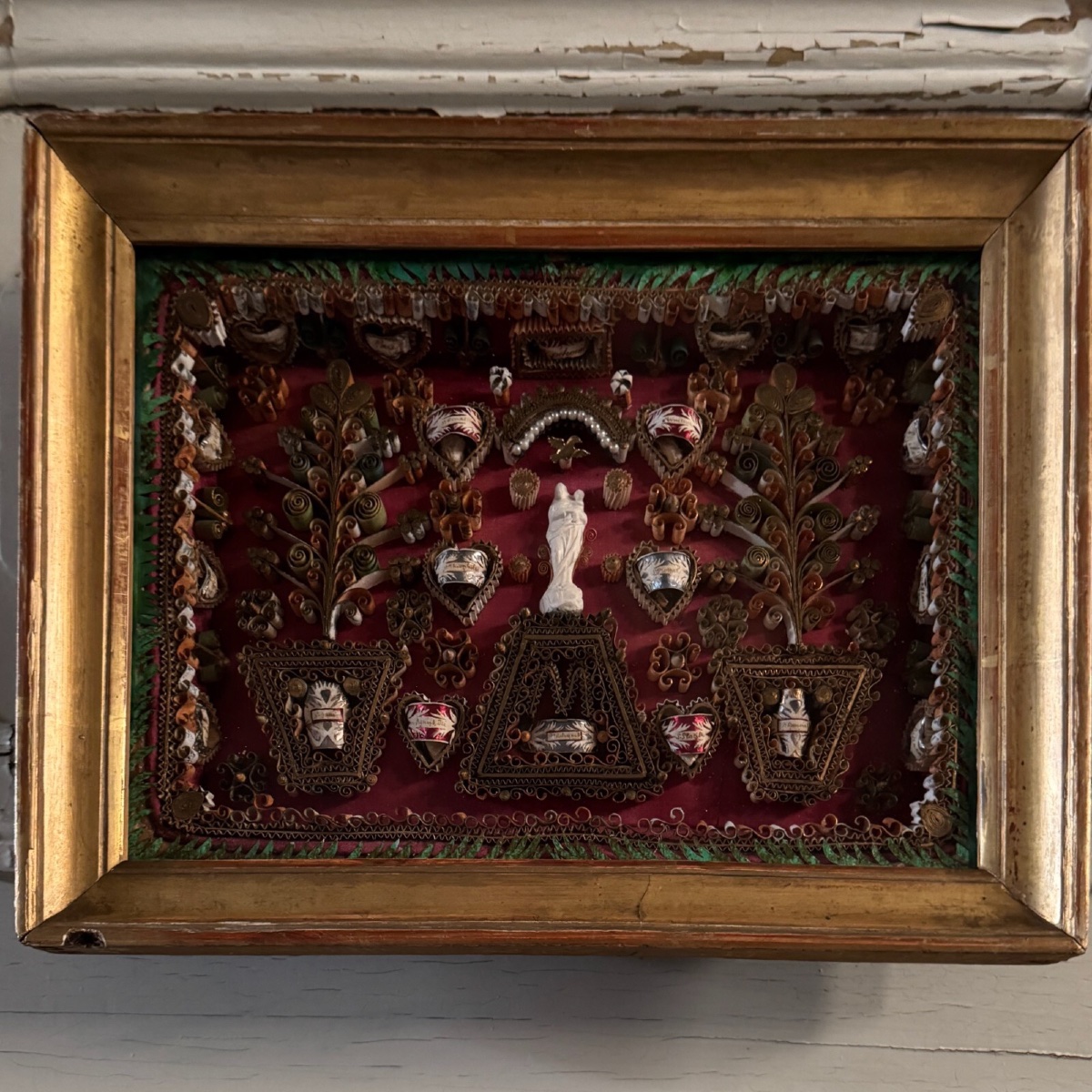 Paper Filigree Reliquary Decorated With A Virgin Mary, Early 19th Century, Gilded Frame-photo-3