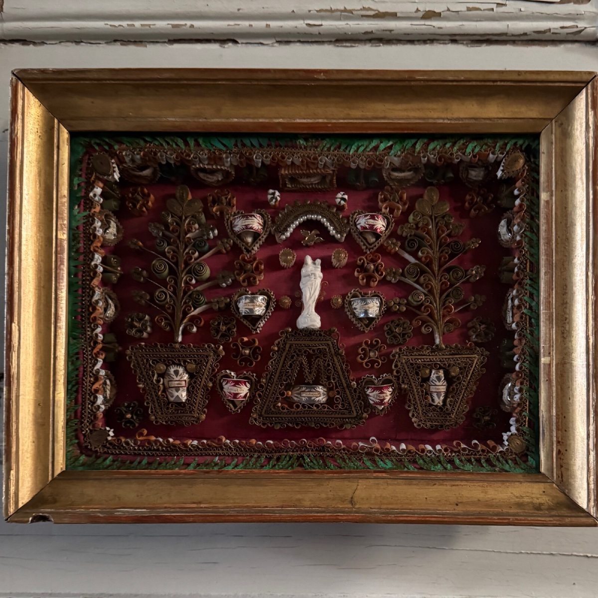 Paper Filigree Reliquary Decorated With A Virgin Mary, Early 19th Century, Gilded Frame-photo-4