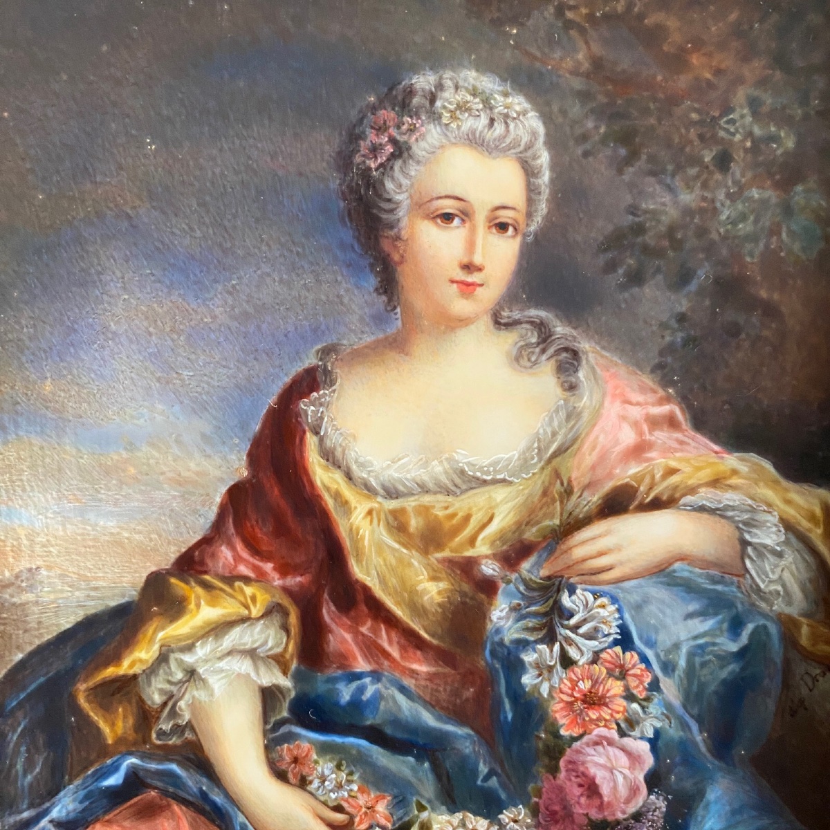 Miniatures peintes à la main femmes du XVIIIe signées d'après Van Loo-photo-4