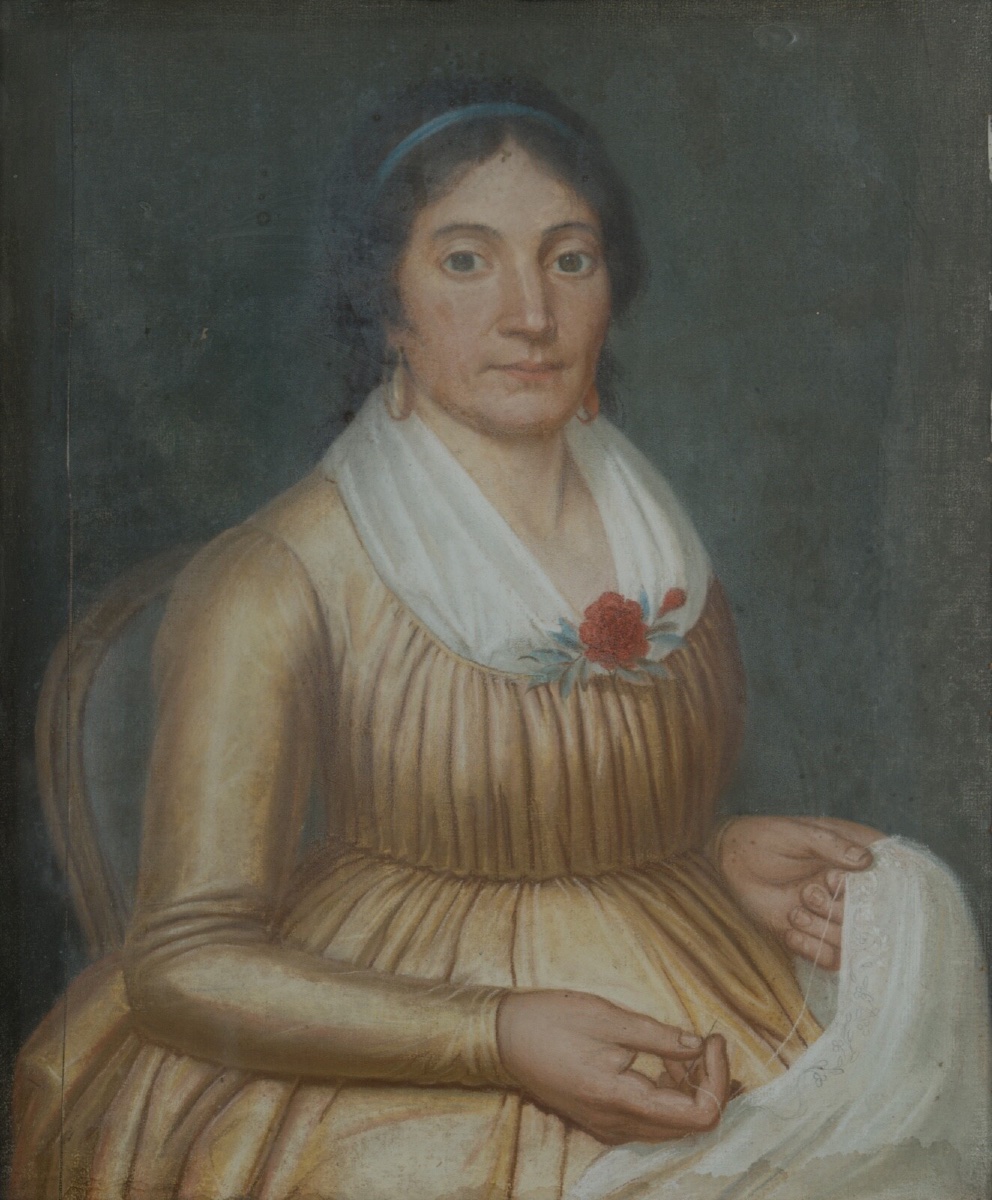 Pastel sur toile portrait début XIXe femme assise sur un fauteuil -photo-2