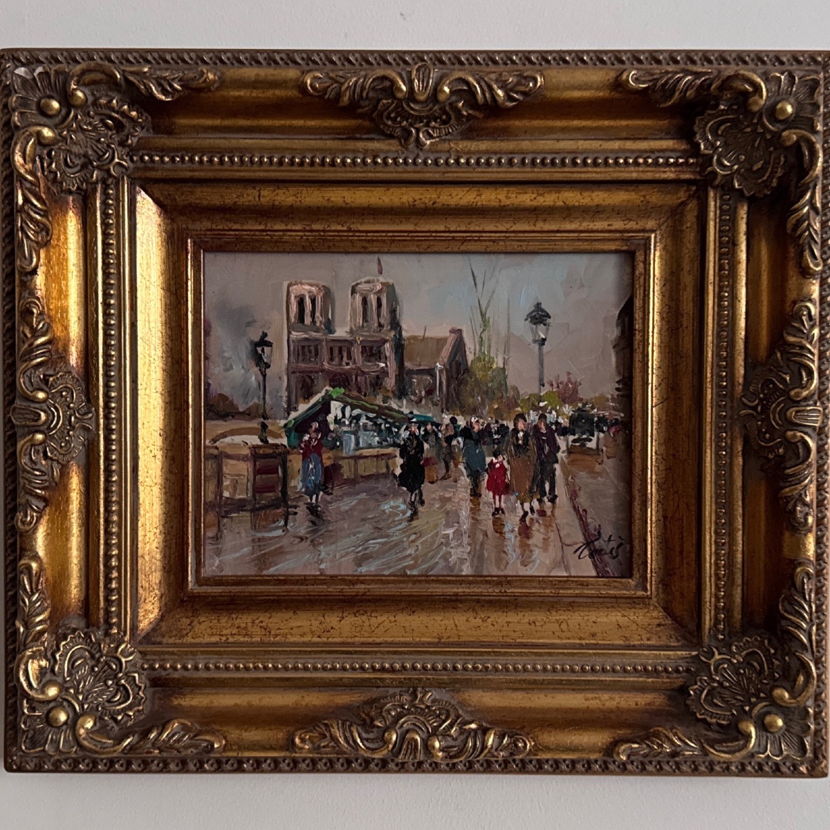 Huile sur panneau bouquinistes à Paris devant Notre Dame milieu XXe -photo-2