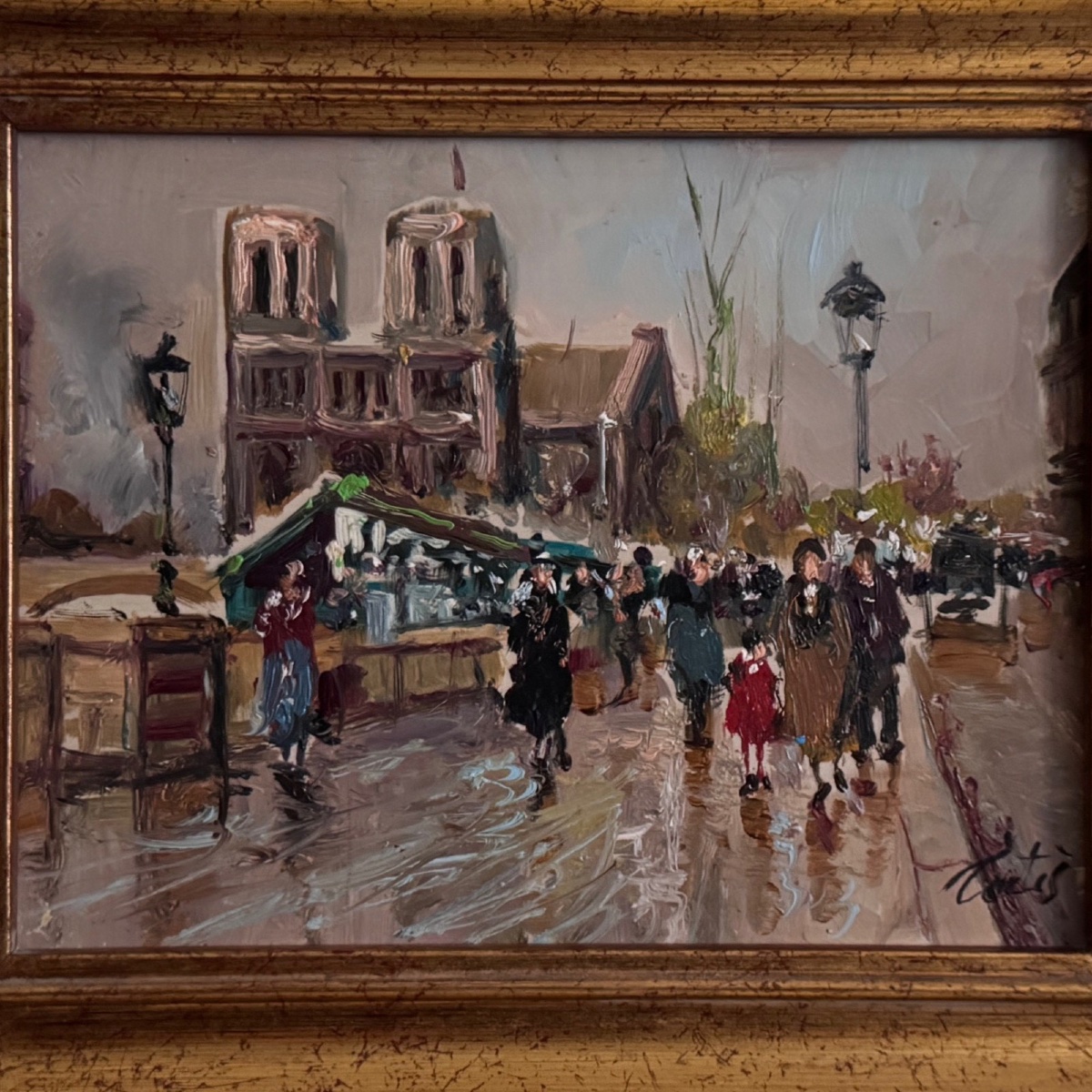 Huile sur panneau bouquinistes à Paris devant Notre Dame milieu XXe -photo-3