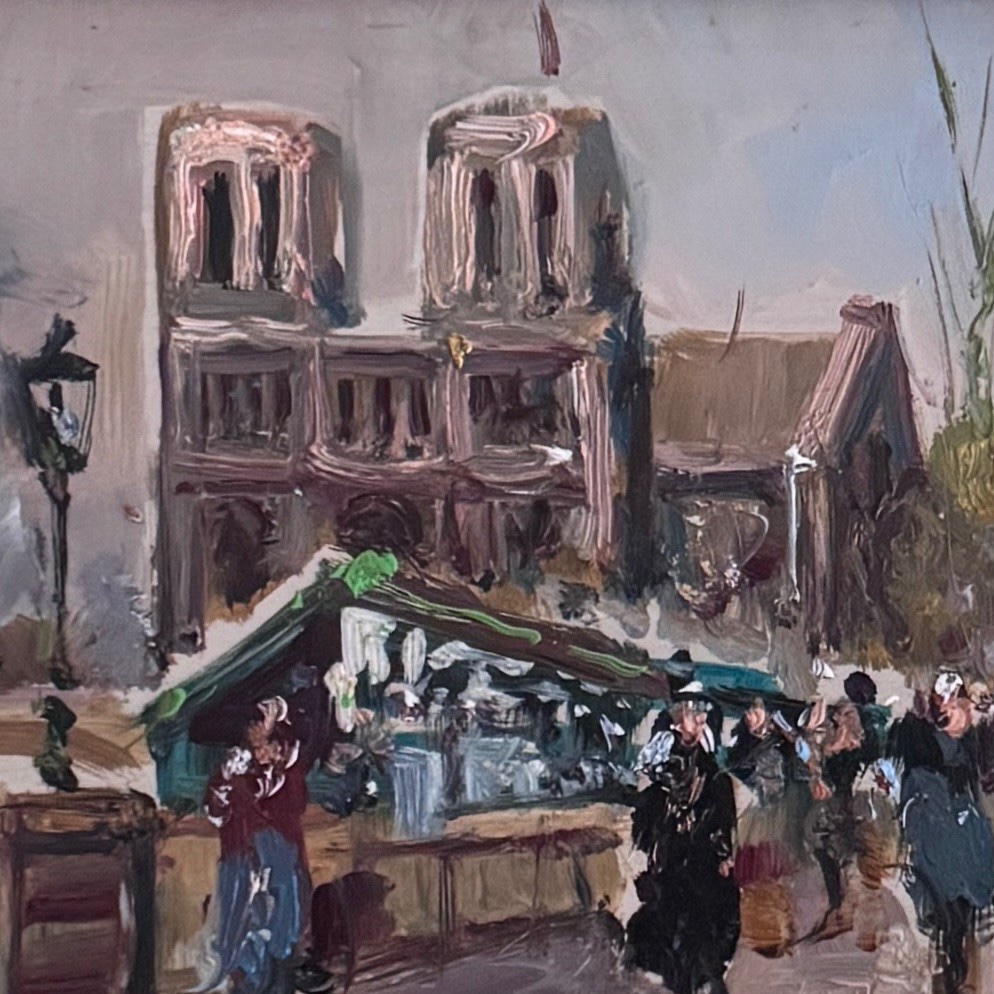 Huile sur panneau bouquinistes à Paris devant Notre Dame milieu XXe -photo-1