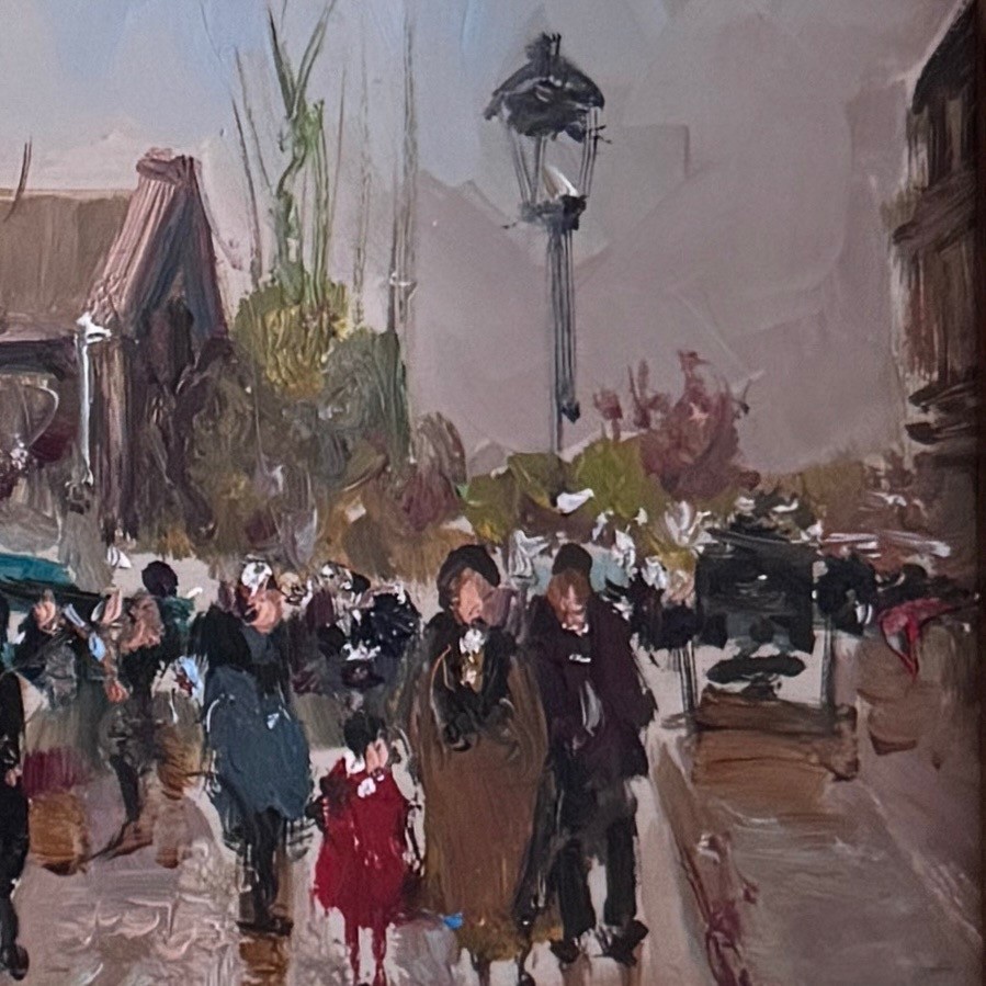 Huile sur panneau bouquinistes à Paris devant Notre Dame milieu XXe -photo-2