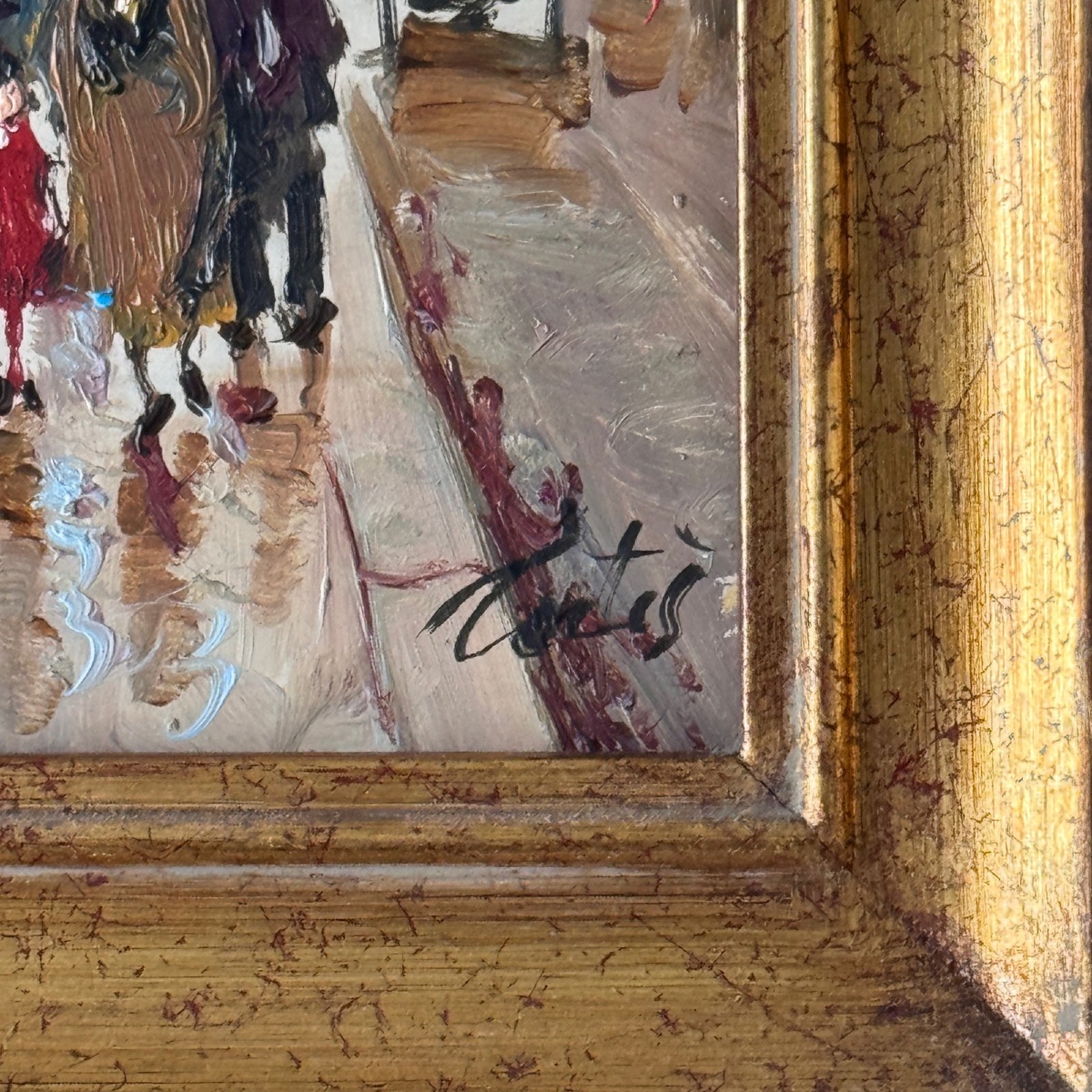 Huile sur panneau bouquinistes à Paris devant Notre Dame milieu XXe -photo-3